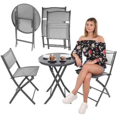17. BALCONY FURNITURE SET ROUND TABLE AND 2 FOLDING CHAIRS GRAY