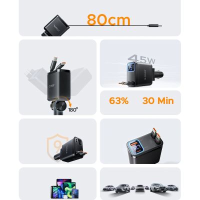 4. ORICO Twin Reach 45W 1A3C Dual Retractable Car Charger