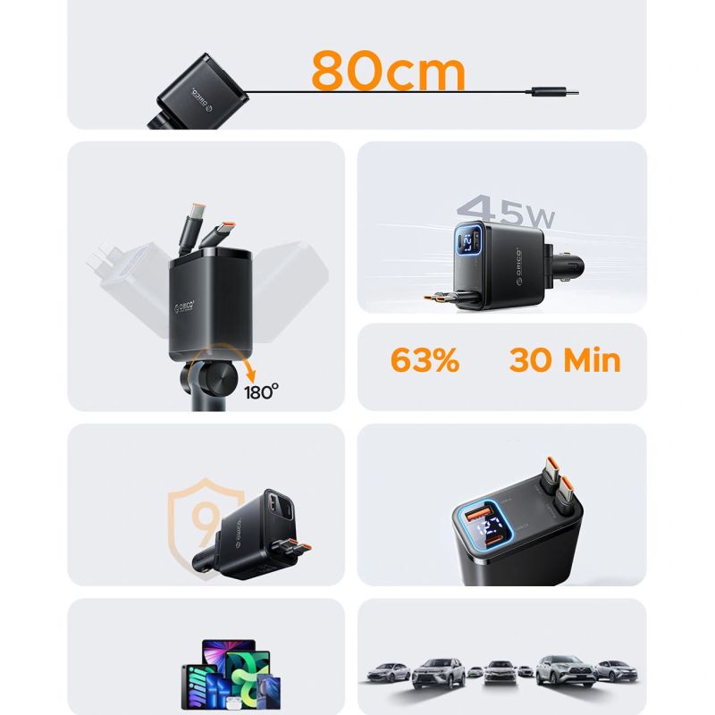 4. ORICO Twin Reach 45W 1A3C Dual Retractable Car Charger