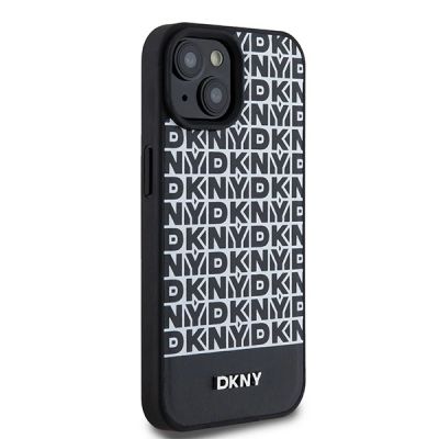 4. DKNY Leather Printed Pattern Metal Logo MagSafe Case for iPhone 15/14/13 - Black
