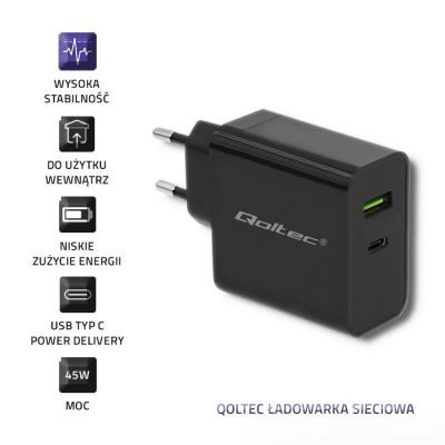 7. QOLTEC WALL CHARGER 42W | 5-20V | 2.25-3A | USB TYPE C PD | USB | BLACK