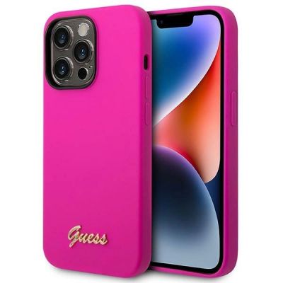 Guess Silicone Vintage Gold Logo Case for iPhone 14 Pro Max - Fuchsia
