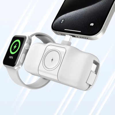 11. Wozinsky WF16-YCS 5000mAh 15W USB-C Mini Power Bank with Built-in USB-C Cable and Apple Watch Charger - White