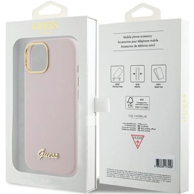 8. Guess Silicone Script Metal Logo & Frame case for iPhone 15 - pink