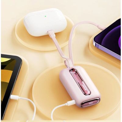 12. Joyroom mini powerbank 10000mAh Colorful Series 22.5W with 2 built-in USB C and Lightning cables pink (JR-L012)