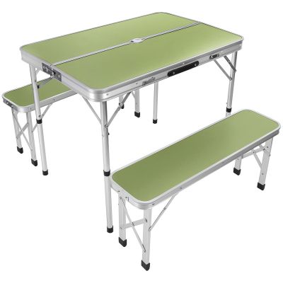 FOLDABLE CAMPING TABLE 90x60x70CM AND 2 BENCHES 87x23x39CM GREEN