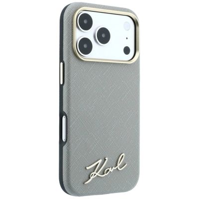 4. Karl Lagerfeld Saffiano Small Script Metal Logo MagSafe Case for iPhone 17 Pro Max / 18 Pro Max - Beige