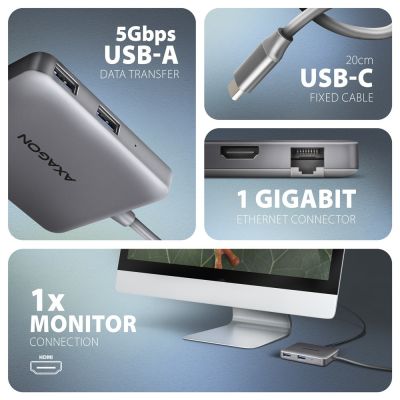 3. Axagon N HMC-5HL USB 5 Gbps hub, 2x USB-A, HDMI 4K/60 Hz, RJ-45 GLAN, PD 100 W, USB-C cable, wired, USB 3.2 Gen 1 (3.1 Gen 1) Type-C, Silver