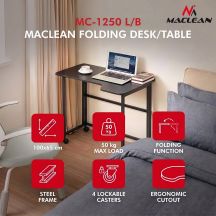 MACLEAN FOLDING DESK WITH WHEELS MACLEAN FOLDING DESK TABLE, BLACK, MOBILE, 100X65CM, MAX. 50KG, ANGLED, L-SHAPED, MC