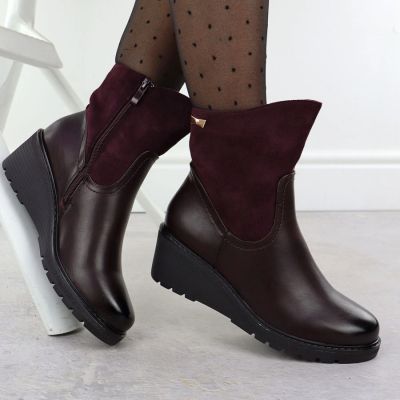 10. Women's suede wedge ankle boots burgundy M.Daszyński 2510