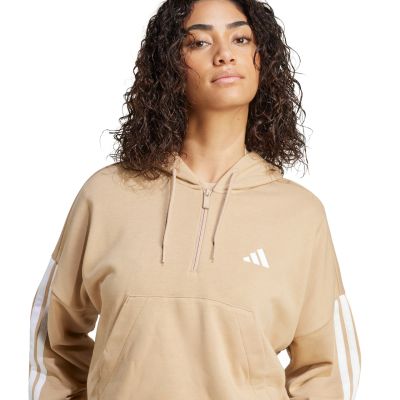 5. Women's Essentials 3-Stripes French Terry Hoodie Quarter Zip Beige JX7676