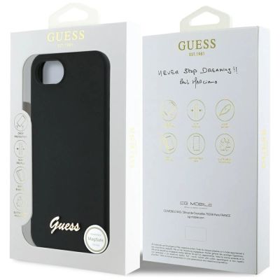 8. Guess Silicone Script Metal Logo MagSafe iPhone 16e Case - Black