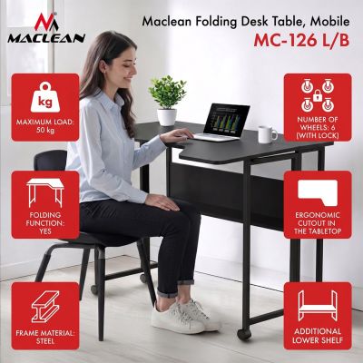 3. MACLEAN FOLDABLE DESK / TABLE MACLEAN, BLACK, MOBILE 100X73CM, MAX. 50KG, ANGLED, L-SHAPED, MC-126 L/B MC-126 L/B