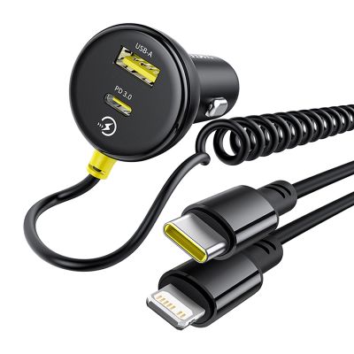 2. Baseus Circular 60W USB-A + USB-C Car Charger with Built-in Lightning + USB-C Cable 1.4m - Black