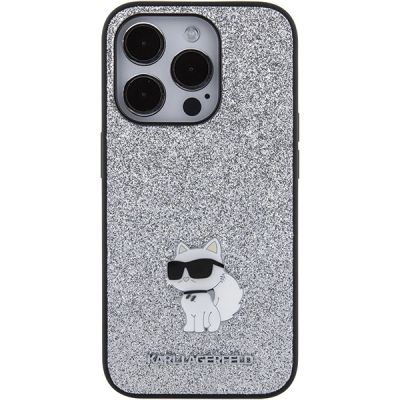 3. Karl Lagerfeld Fixed Glitter Choupette Logo Metal Pin Case for iPhone 15 Pro Max - Silver