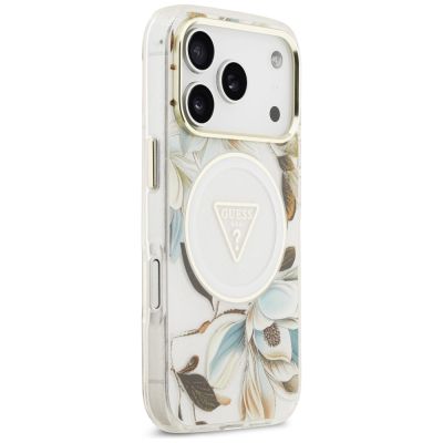 4. Guess IML Glitter Flowers Triangle MagSafe Case for iPhone 17 Pro / 18 Pro - White