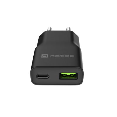 8. NATEC RIBERA GAN SLIM WALL CHARGER 1X USB-A + 1X USB-C 20W BLACK