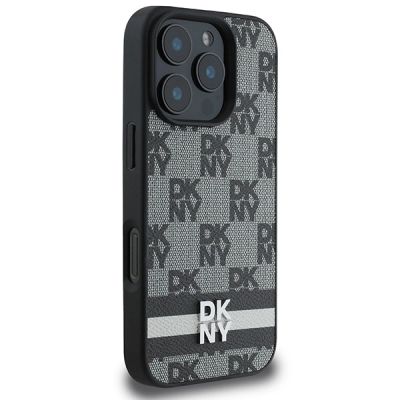 4. DKNY Checkered Pattern & Printed Stripes Case for iPhone 16 Pro - Black