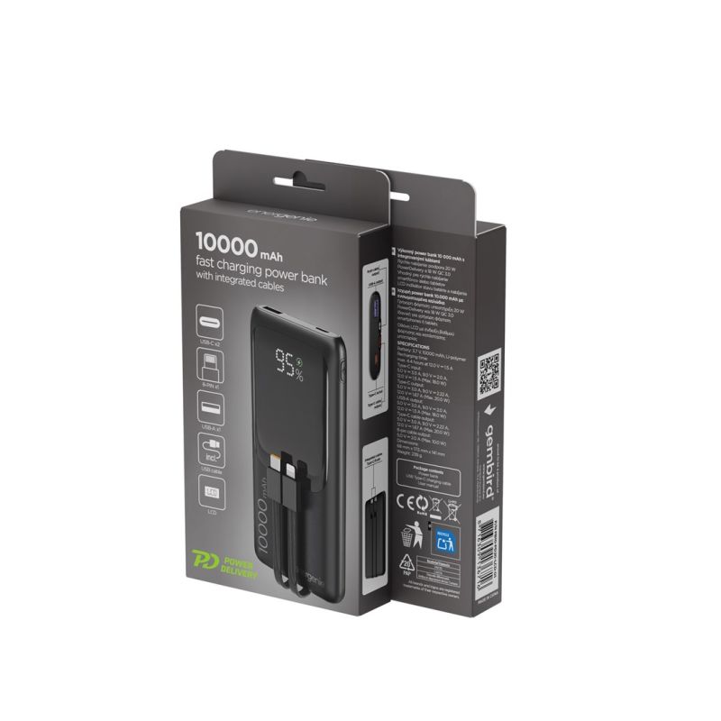 6. GEMBIRD POWERBANK 10000mAh with LCD display, integrated cables, QC3.0 20W fast charging