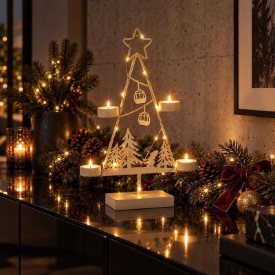 5. WHITE METAL LED CHRISTMAS TREE CANDLE HOLDER 38 CM