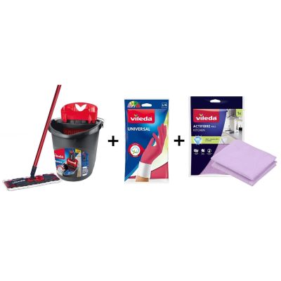 3. Vileda Ultramax Box flat mop with kitchen set | Universal gloves 1 pair + Actifibre Pro kitchen cloth 1 pc.