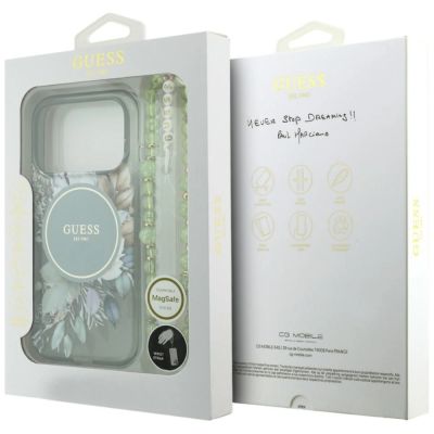 8. Guess IML Flowers Pearl Strap MagSafe Case for iPhone 18 Pro / 17 Pro – Green
