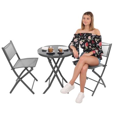 2. BALCONY FURNITURE SET ROUND TABLE AND 2 FOLDING CHAIRS GRAY