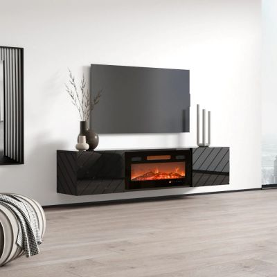 6. TV cabinet LUXE 182.6x34.5x37.5 black/gloss black + black fireplace