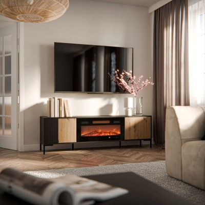 6. MERCI TV cabinet 180x40x53.5 black/artisan oak + fireplace
