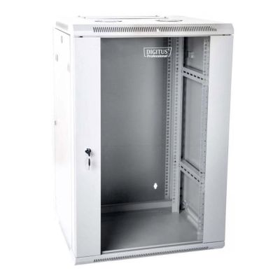 7. Wall-mounted network cabinet 19" 15U rack 600x600, glass door, gray, divided, assembled, 60kg
