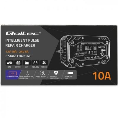 10. QOLTEC STD AGM GEL LIFEPO4 BATTERY CHARGER | RECTIFIER WITH REPAIR FUNCTION | 12-24V | 10A | LCD | 9-STEP CHARGING
