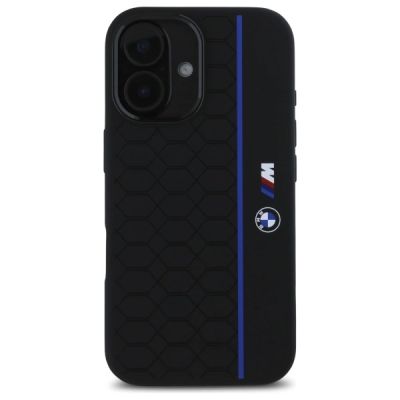 3. BMW Silicone Hexagon Blue Line MagSafe iPhone 16 Case - Black