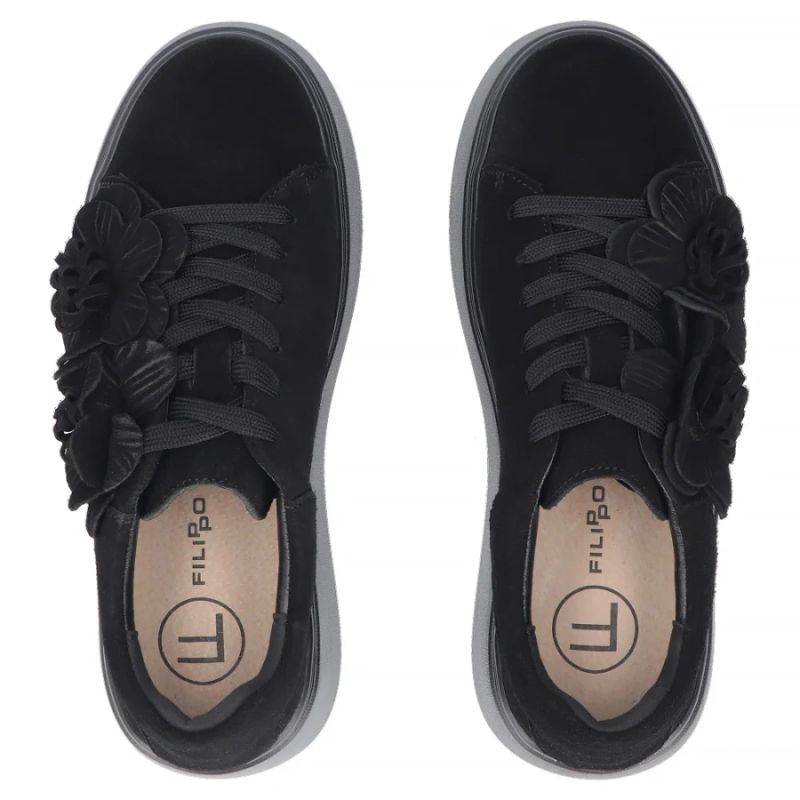 5. Women's leather sneakers on a platform with flowers, suede, black Filippo DP8113