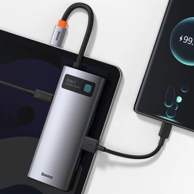 11. Baseus Metal Gleam 6-in-1 USB-C - USB-C PD 100W HUB 1x HDMI 4K 30Hz 3x USB-A 3.2 1x RJ45 - gray