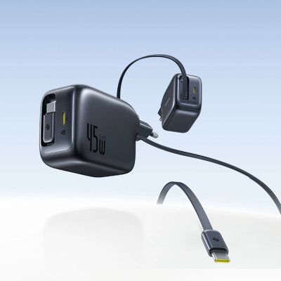 5. Baseus EnerCore CJ11 45W Wall Charger with USB-C Port and Retractable USB-C Cable - Black