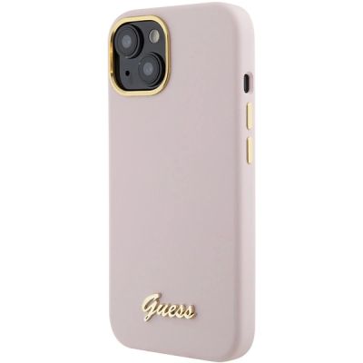 2. Guess Silicone Script Metal Logo & Frame case for iPhone 15 - pink