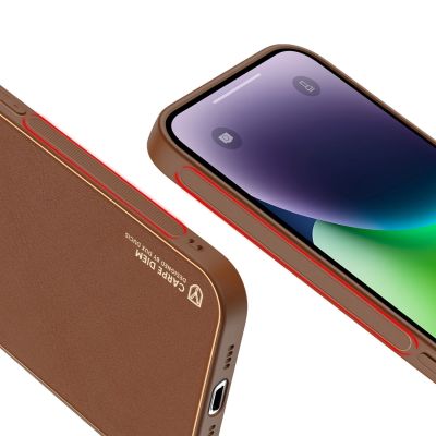 8. Dux Ducis Yolo iPhone 14 Plus case elegant brown faux leather cover