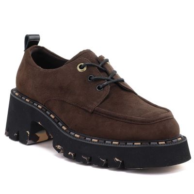 5. Women's leather moccasin shoes on a block heel, brown Artiker 59C0276