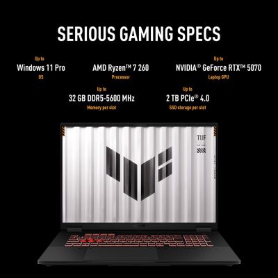 13. ASUS TUF Gaming A18 FA808UM-S9058 Ryzen 7 260 18.0" 2.5K 240Hz IPS-level 500nits AG 16GB DDR5 5600 SSD512 GeForce RTX 5060 8GB WLAN+BT LAN Cam1080p 90WHrs NoOS Jaeger Gray