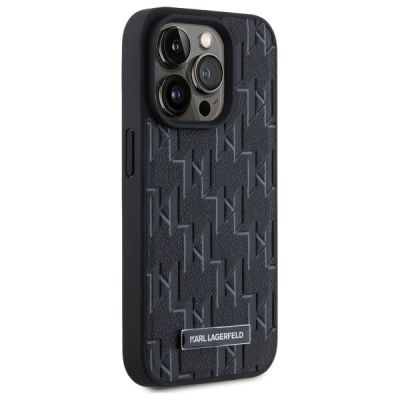 4. Karl Lagerfeld Leather Monogram Metal Logo MagSafe iPhone 15 Pro Case - Black