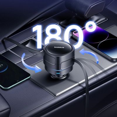 7. Baseus Enjoyment Max 60W Car Charger with Retractable USB-C and Lightning Cables - Black