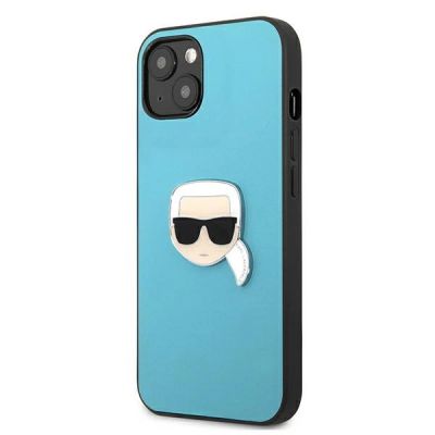 2. Karl Lagerfeld Leather Ikonik Karl's Head Metal Case for iPhone 13 mini - Blue