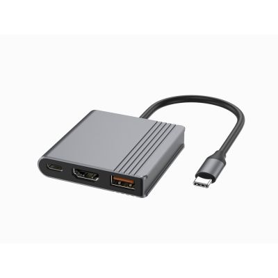 GEMBIRD 3-IN-1 USB TYPE-C MULTI ADAPTER (USB PORT + HDMI + USB-C VIDEO), GRAY