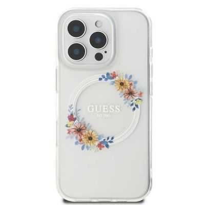 3. Guess IML Flowers Wreath MagSafe Case for iPhone 16 Pro - Clear