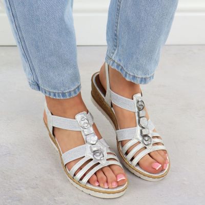 7. Women's wedge sandals with elastic bands silver Remonte R6264-92