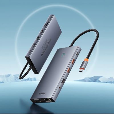 7. HUB Baseus PortalJoy Series 13in1 USB-C - 2x HDMI / DP / VGA / USB-A 3.1 / USB-C 3.1 / USB-A 2.0 / PD / RJ45 / SD / TF / AUX - gray