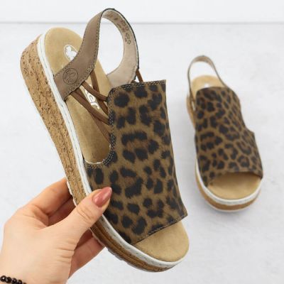 Women's beige leopard print platform sandals Rieker 62741-90