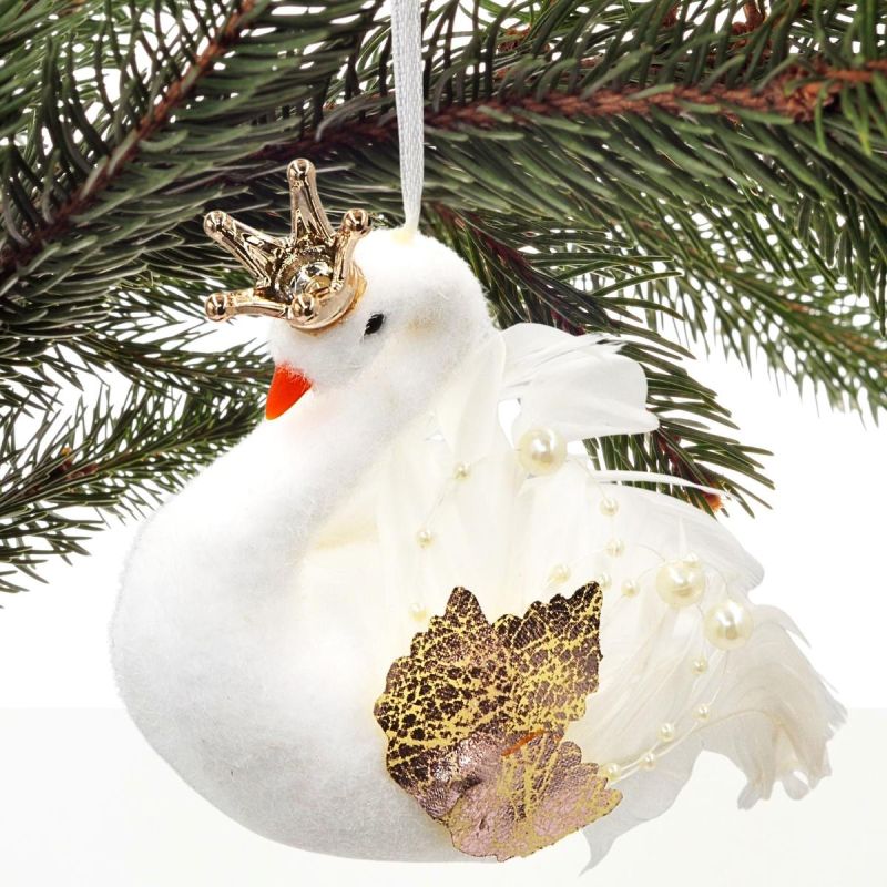 SWAN DECORATIVE HANGING BAUBLE 17CM PEARL WINGS