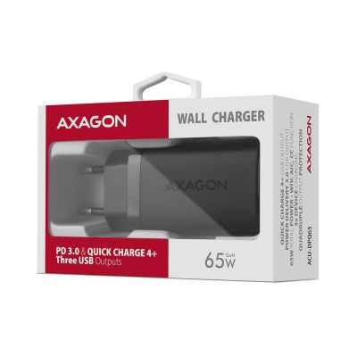 9. AXAGON ACU-DPQ65 Wall charger, GaN 65W, 3x port (USB-A + dual USB-C), PD3.0/QC4+/PPS/Apple