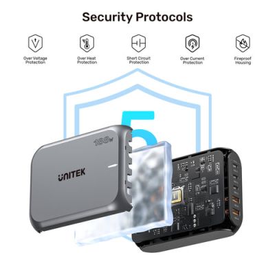 26. Stationary GaN charger UNITEK P1234AGY01-EU 188W 3xUSB-C 2xUSB-A